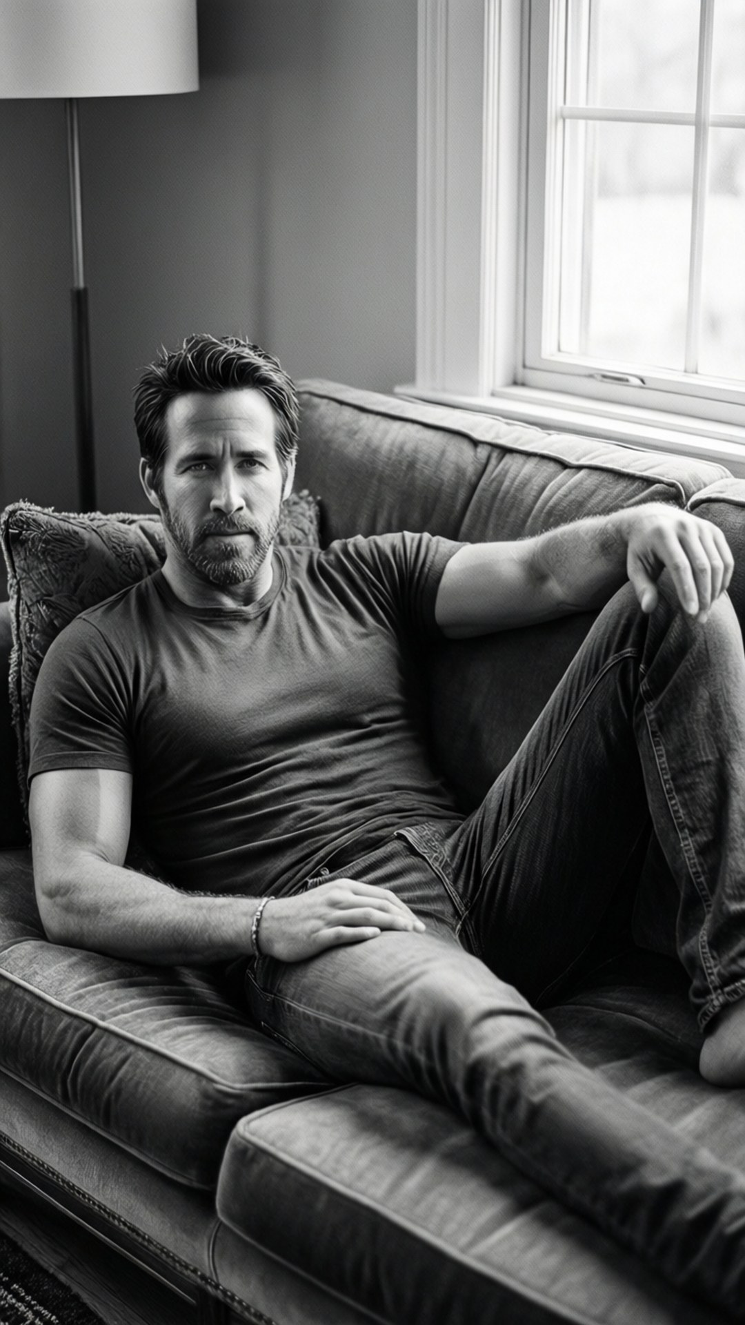 Ryan Reynolds 桌布 壁紙 — 一個留鬍鬚的男人在單色室內場景中，在明亮窗戶附近的豪華沙發上隨意地躺臥。