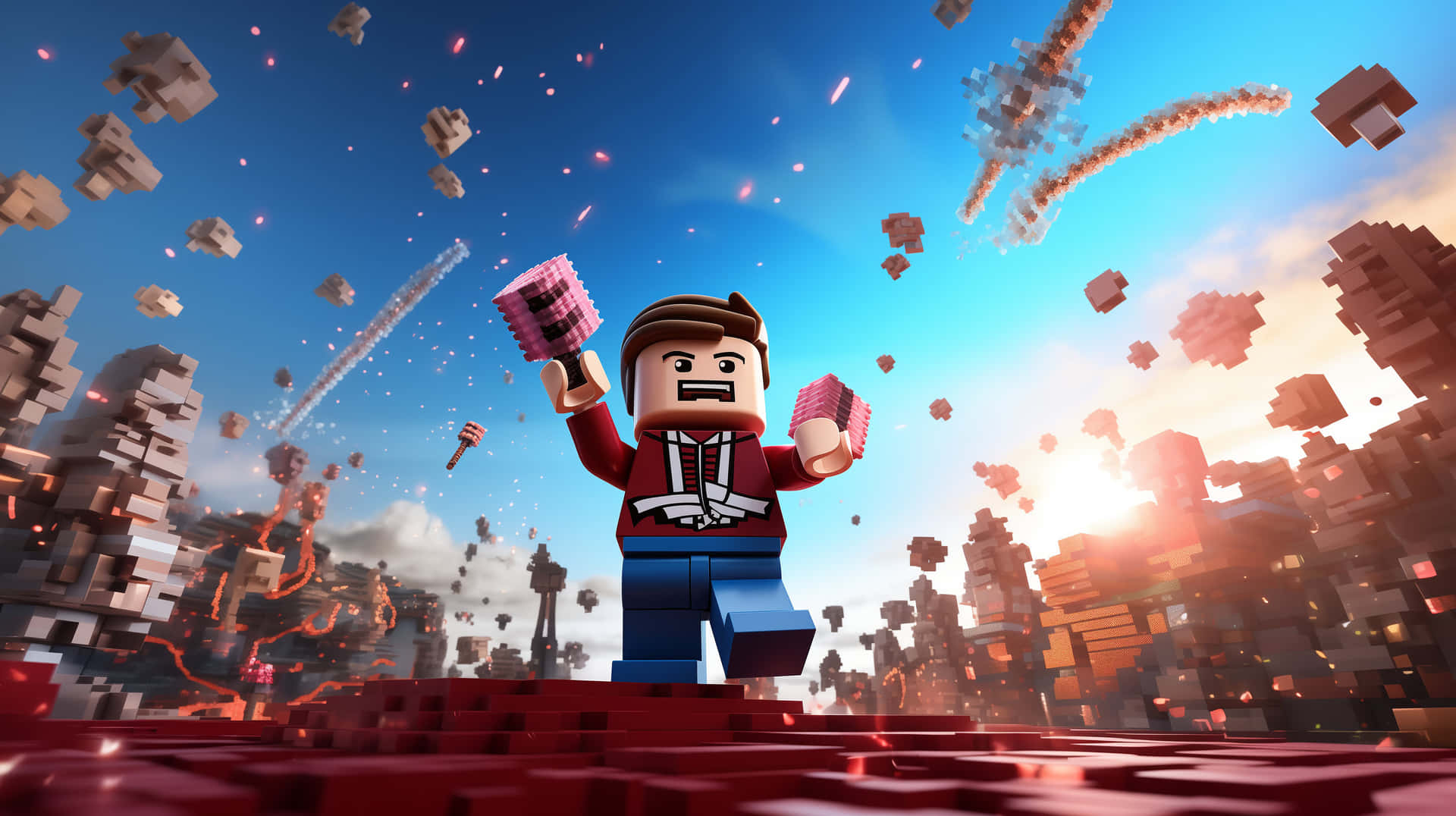 LEGO人偶在像素化爆炸場景中手持武器，背景為日落。 — Roblox 壁紙