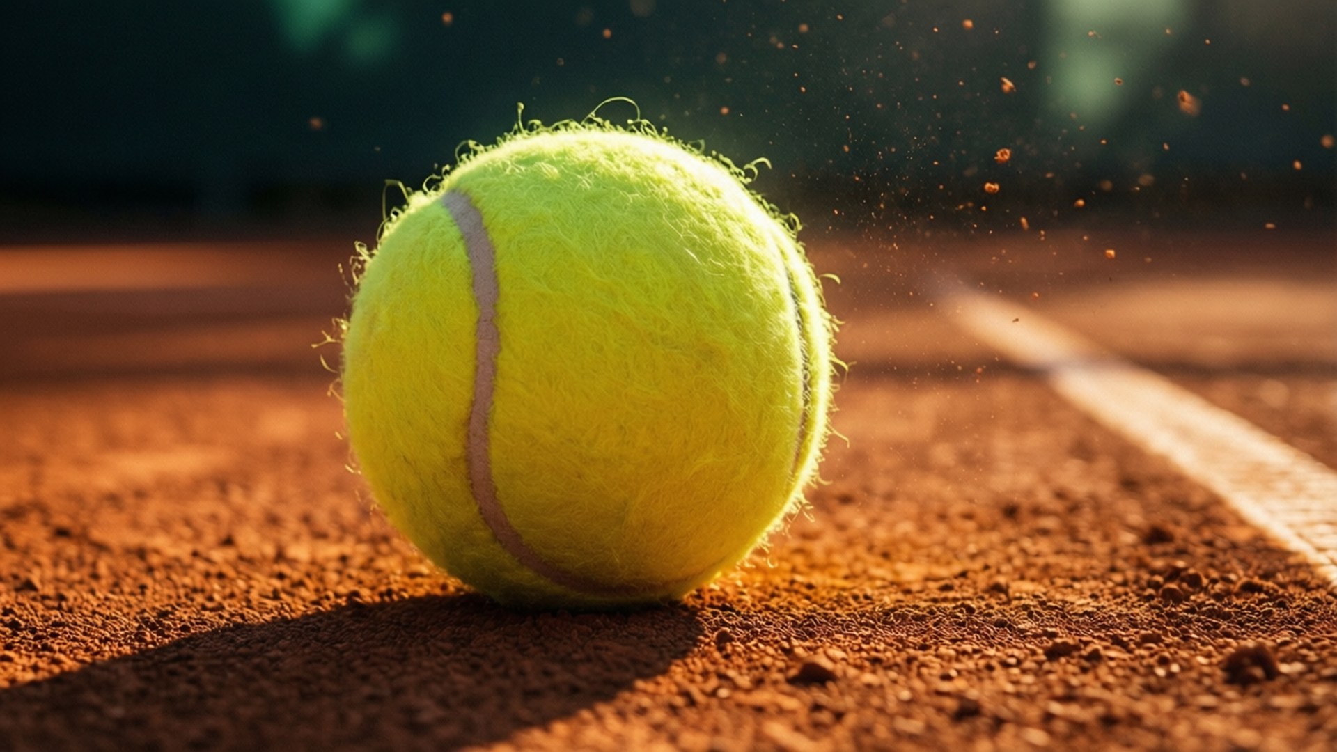 Clay Court Ball 壁紙 — 一個亮黃色的網球放在紅土球場上，灰塵粒子懸浮在金色的陽光中。