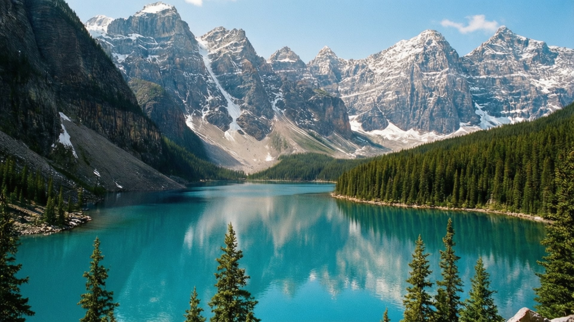Canadian Rockies Lake 壁紙 — 一個令人驚嘆的碧綠湖泊映照著白雪覆蓋的山脈和常綠森林，在清澈的藍天下。