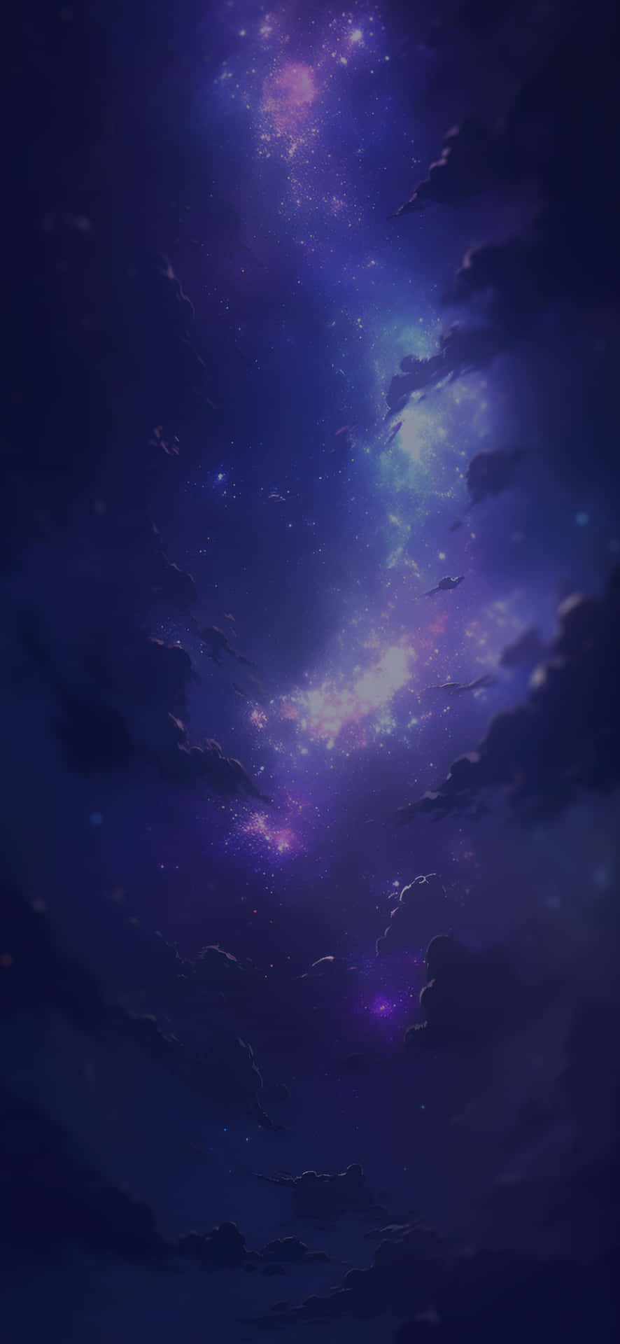  壁紙 — 一個令人嘆為觀止的景象，紫色和藍色的星系在宇宙夜空中穿過黑暗的雲層爆發出來。
