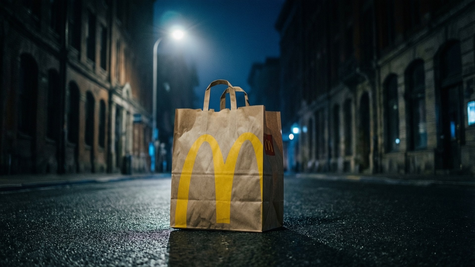 桌布 壁紙 — 一個麥當勞紙袋獨自放在夜間濕漉漉的城市街道上，只有一盞街燈照亮。