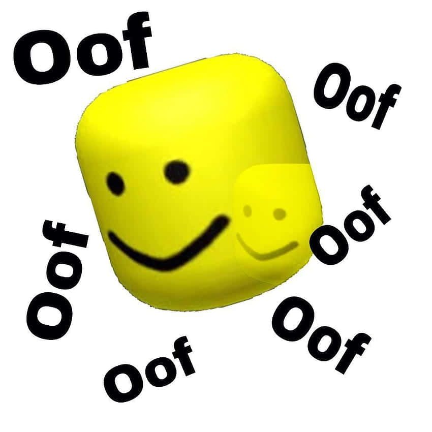 一個黃色立方體，帶有微笑，被黑色文字中的「Oof」一詞包圍。 — Roblox 壁紙