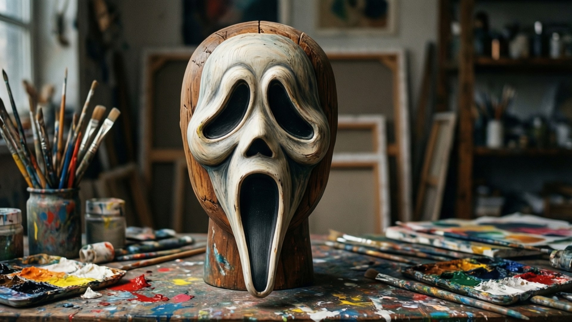 Studio Subject 壁紙 — 一個木製尖叫面具放在濺滿油漆的藝術家桌子中央，周圍是畫筆、調色板和畫布。