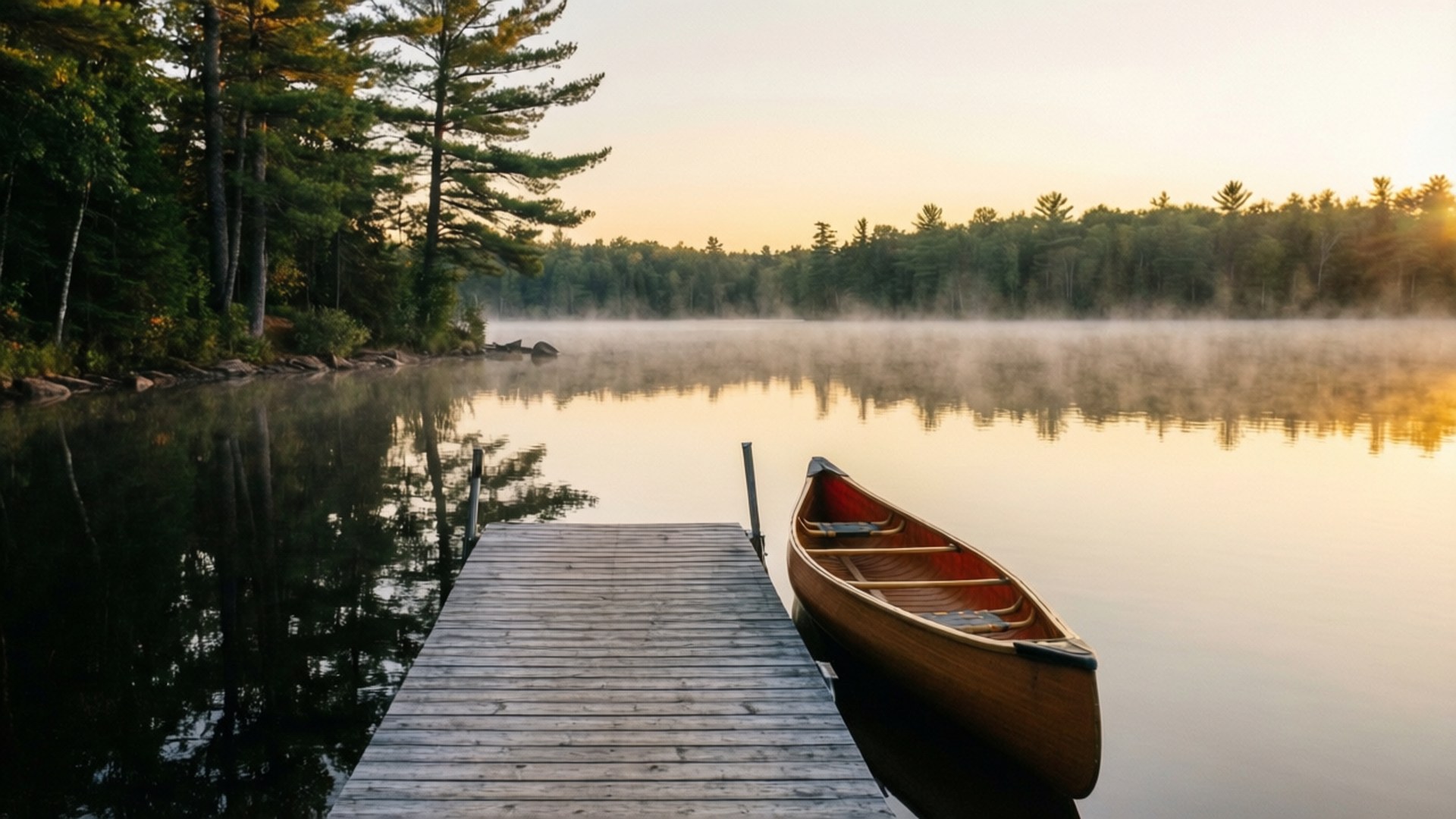 Muskoka Lake Sunrise 壁紙 — 一個木製碼頭在日出時延伸入霧氣瀰漫的湖泊，旁邊停著一艘紅色獨木舟，周圍環繞著松樹。