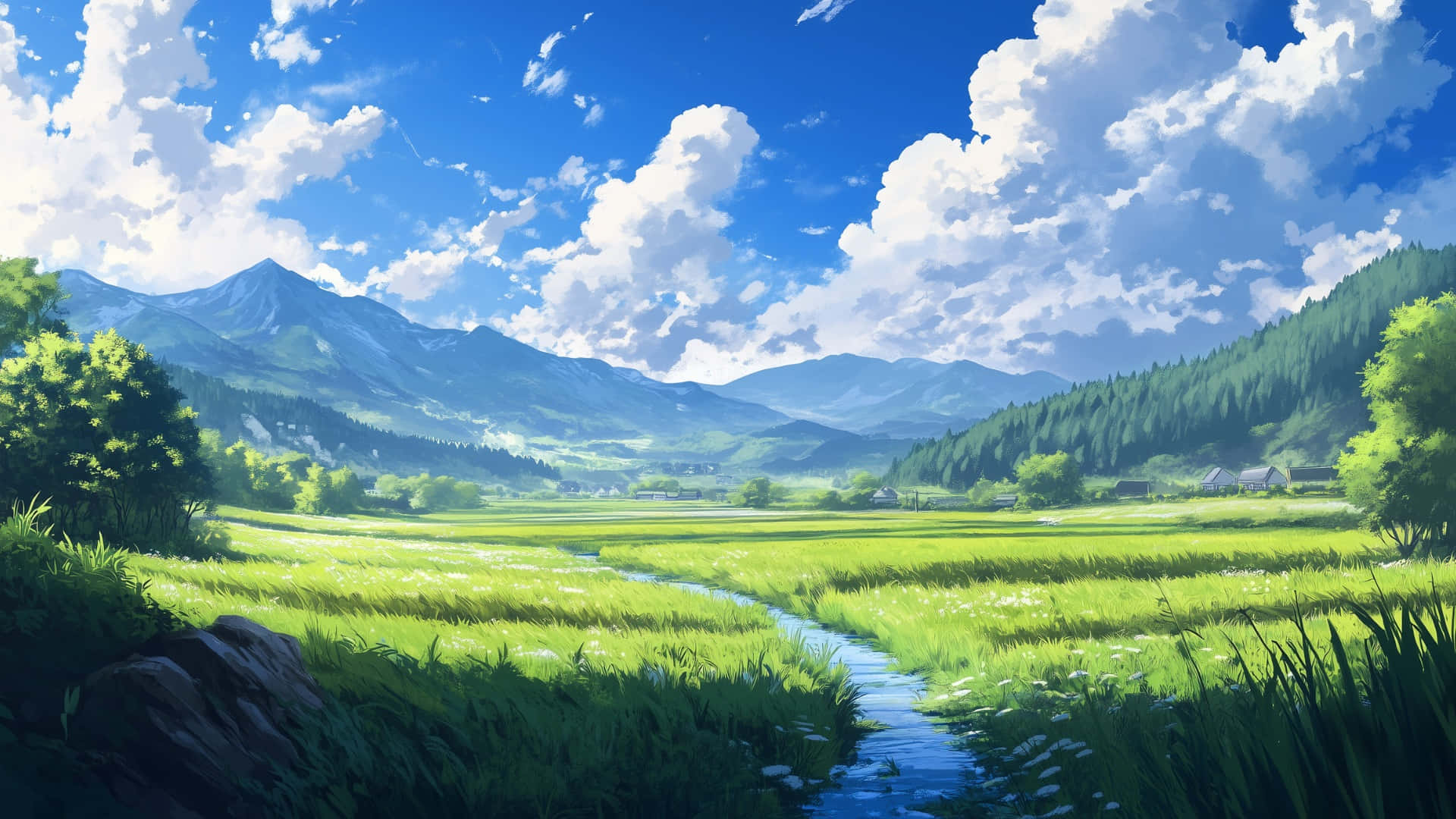  壁紙 — 一個寧靜的動漫風格山谷，蜿蜒的小溪流過充滿活力的綠色田野，上方是明亮的藍天和蓬鬆的白雲。