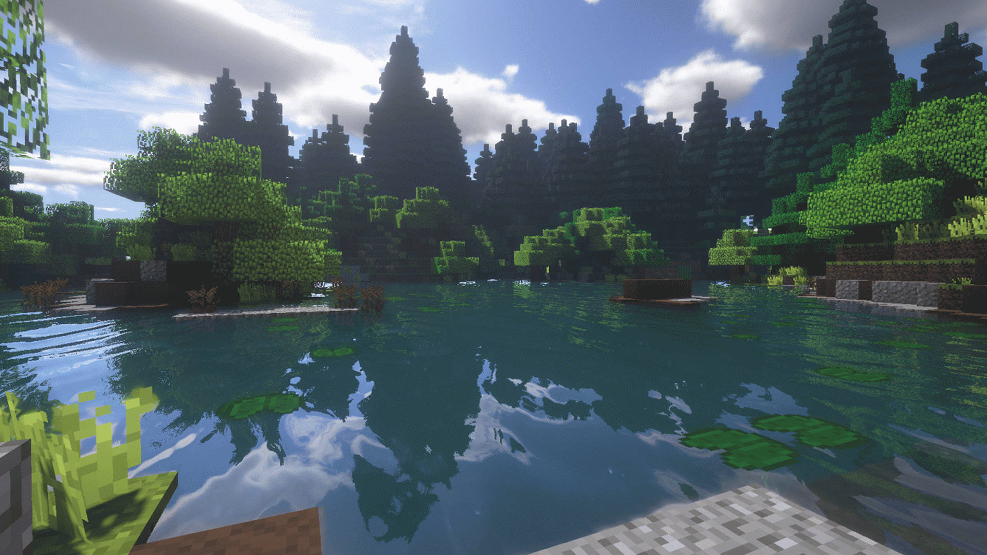 Minecraft遊戲世界中帶有樹木和天空倒影的像素化湖泊。 — 1280x720 Minecraft 壁紙 壁紙