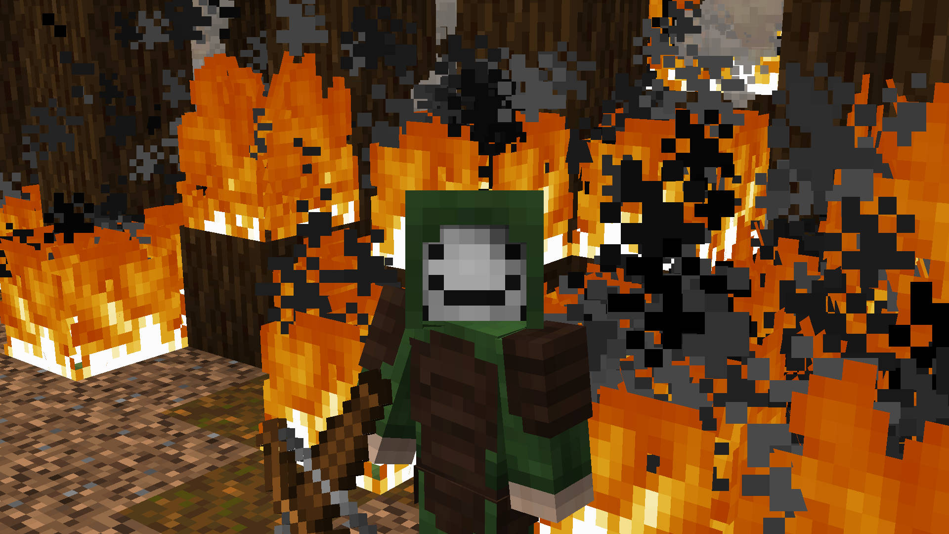 夜晚像素化森林中被火焰包圍的Minecraft角色。 — 我的世界 夢境 壁紙