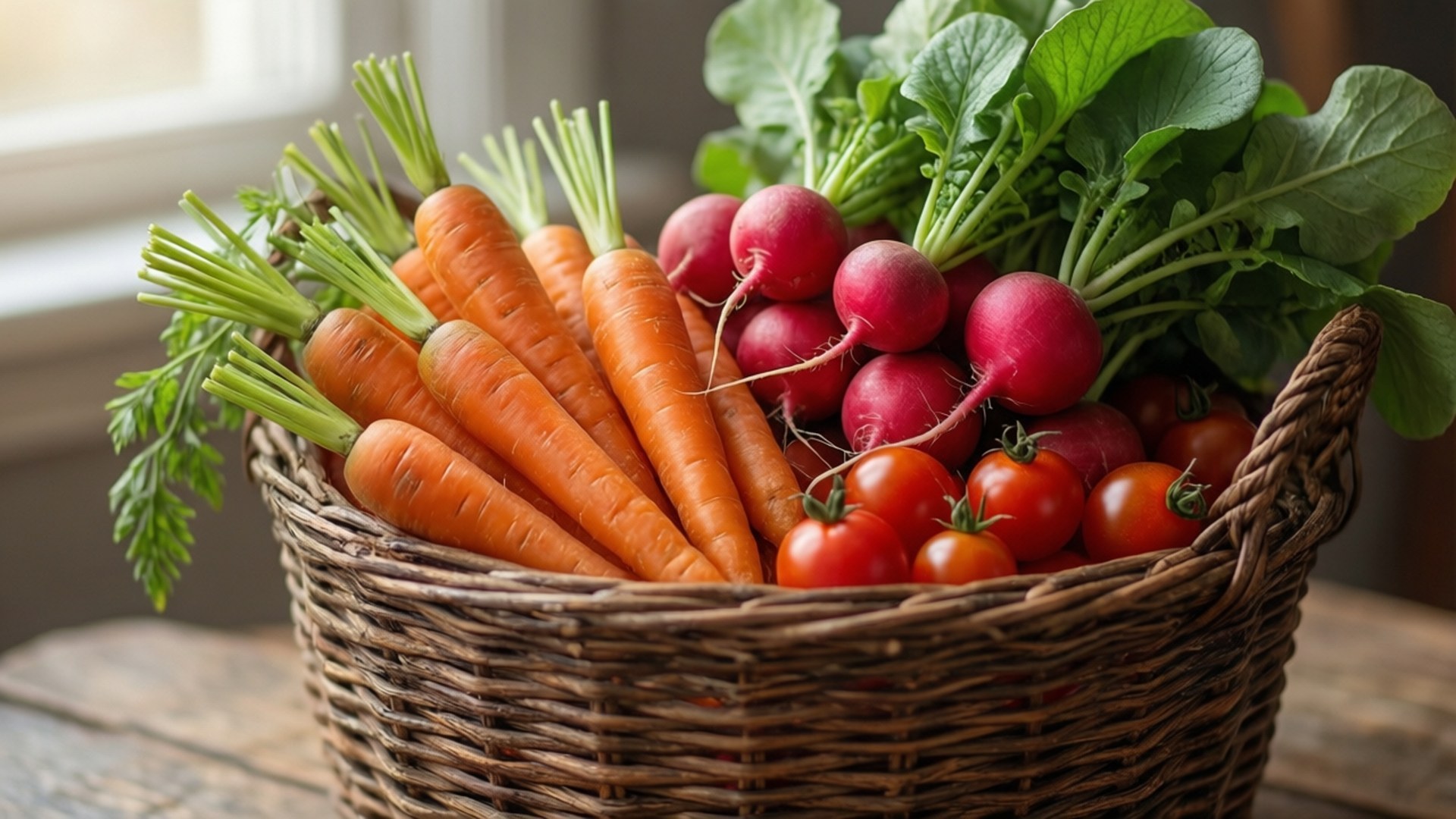 Basket of Baby Vegetables 壁紙 — 一個編織籃子裡裝滿了鮮豔的橙色胡蘿蔔、紅色小蘿蔔和帶有新鮮綠色頂部的小番茄，放在窗邊的鄉村風格木桌上。