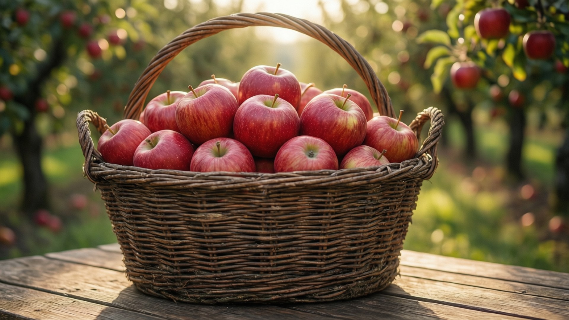 basket 桌布 壁紙 — 一個編織籃子裝滿了閃亮的紅蘋果，放在陽光普照的果園裡一張風化的木桌上。