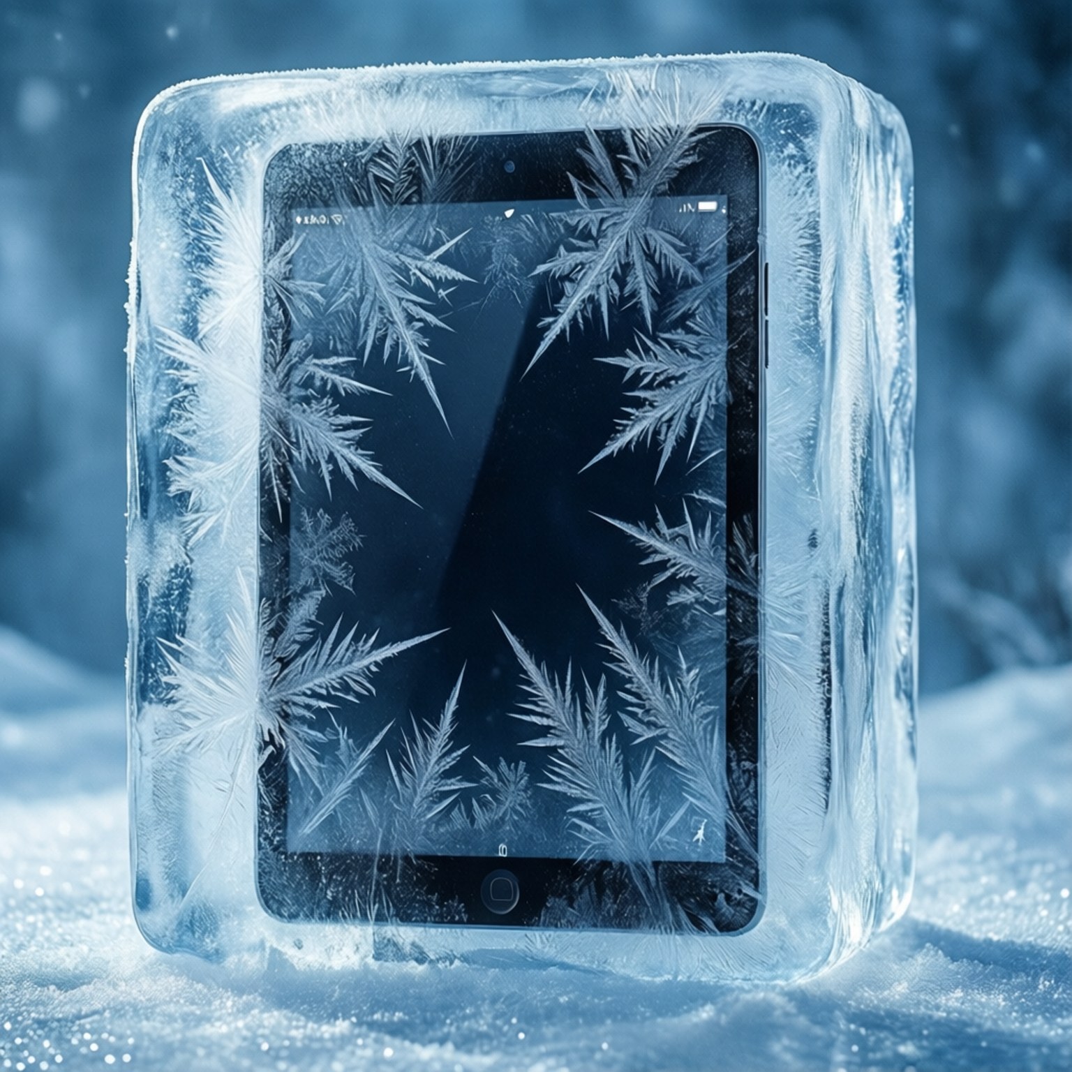 Frozen Tablet 壁紙 — 一個平板電腦被封在透明冰塊中，螢幕上帶有複雜的霜花圖案，置於雪地中，在冷藍光下。
