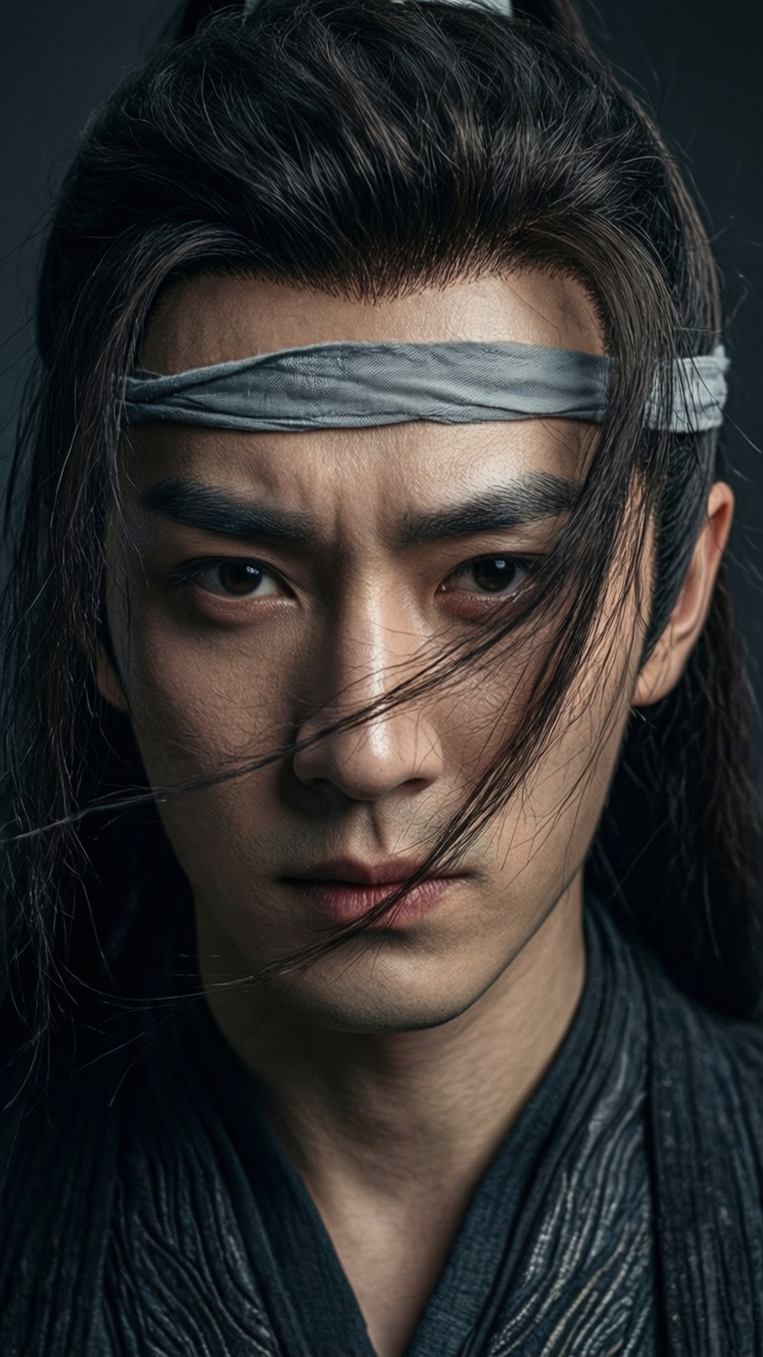 Loose Ribbon Portrait 壁紙 — 一個深色頭髮、戴灰色頭帶的男子近距離肖像，他正凝視著鏡頭。