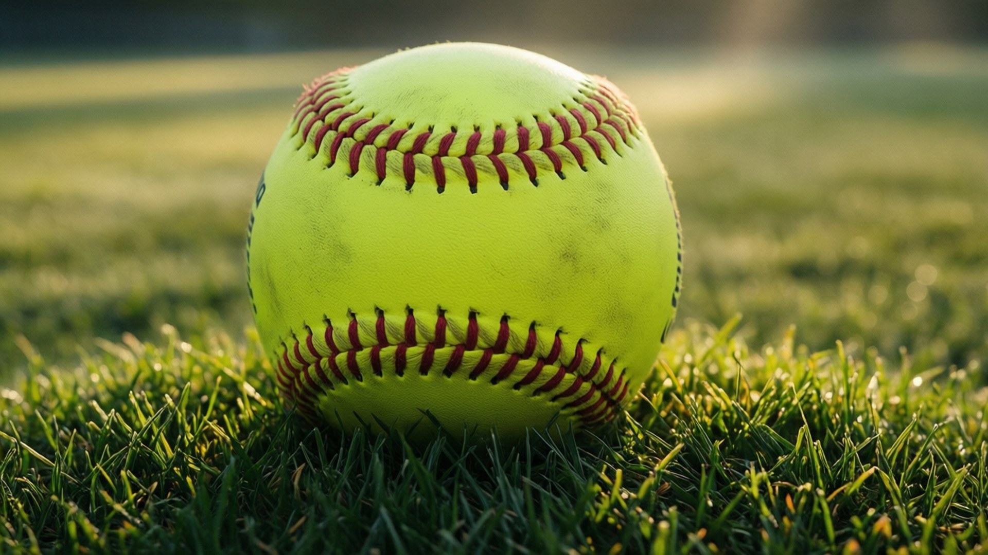 Yellow Softball on Grass 壁紙 — 一個鮮黃色的壘球，帶有紅色縫線，在溫暖的陽光下放在鮮綠色的草地上。