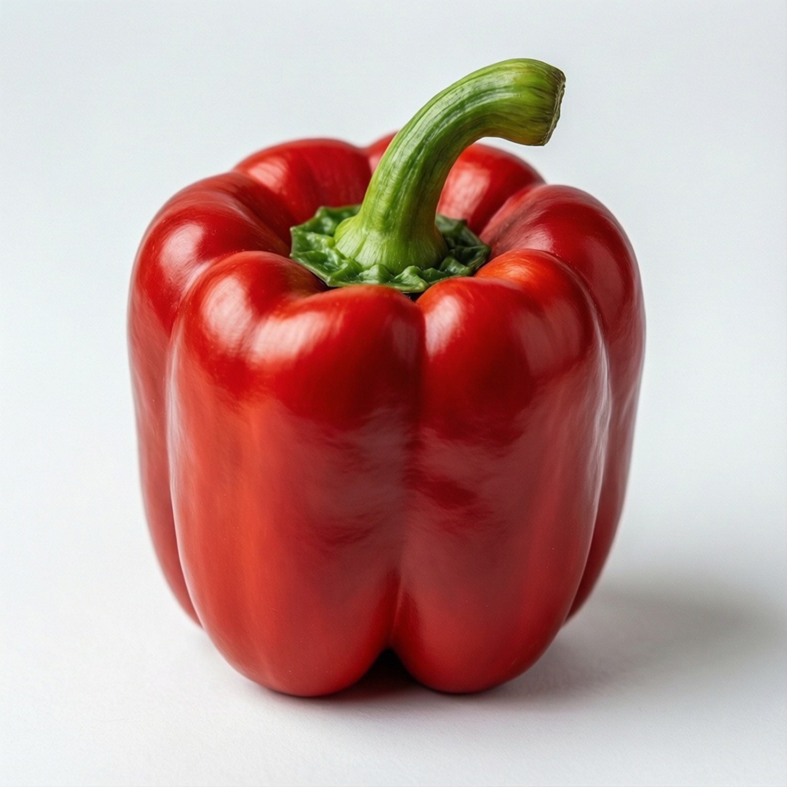 Capsicum 桌布 壁紙 — 一個鮮紅色的甜椒，帶有綠色莖部，居中放置在潔淨的白色背景上。