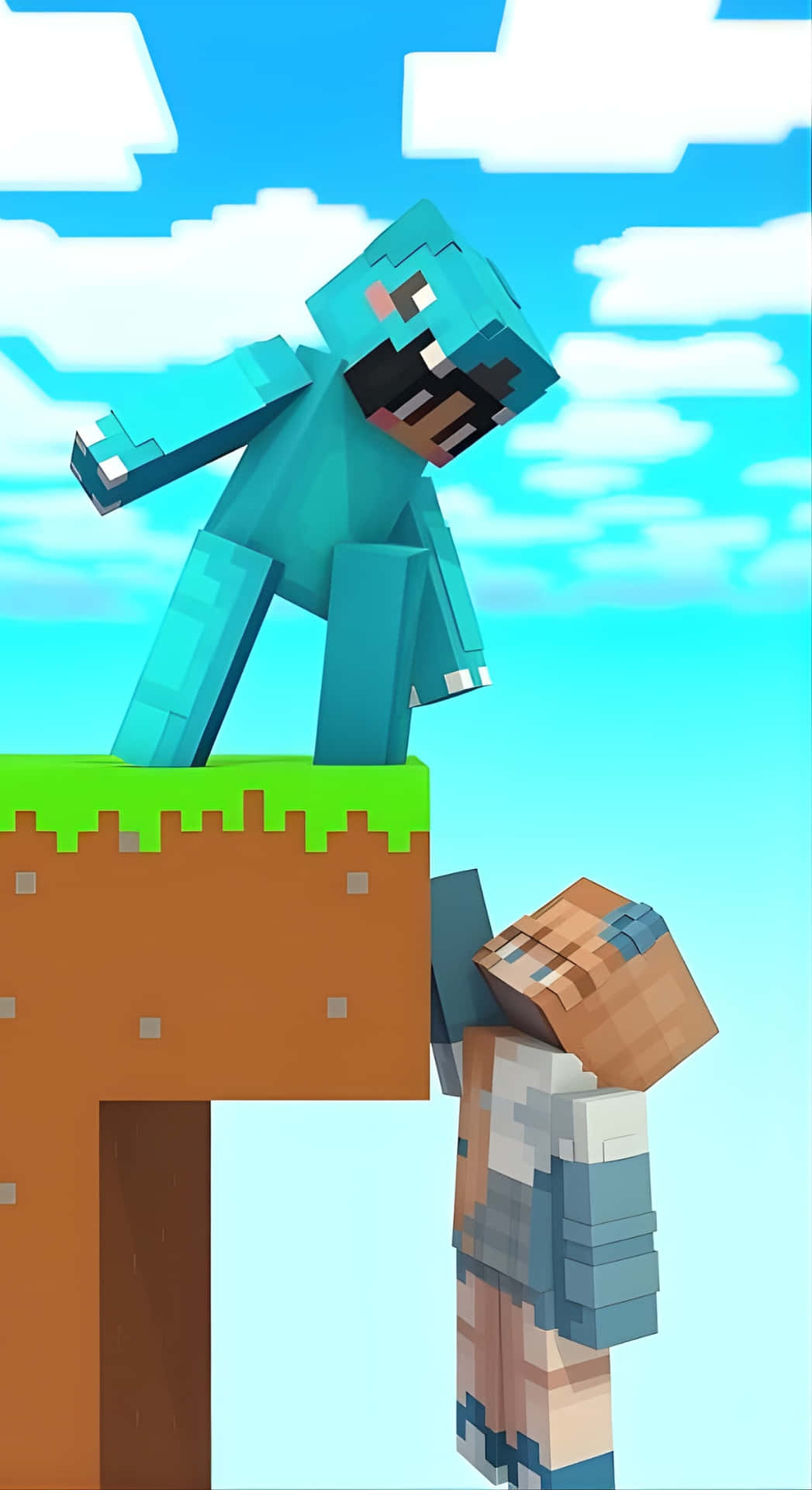  壁紙 — 一個像素化的Minecraft爬行者站在泥土方塊上，威脅性地俯視著一個蜷縮的玩家角色。