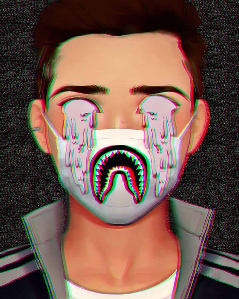  壁紙 — 一個數位扭曲的肖像，人物戴著有鯊魚嘴和融化眼淚的面具，在色差效果下。