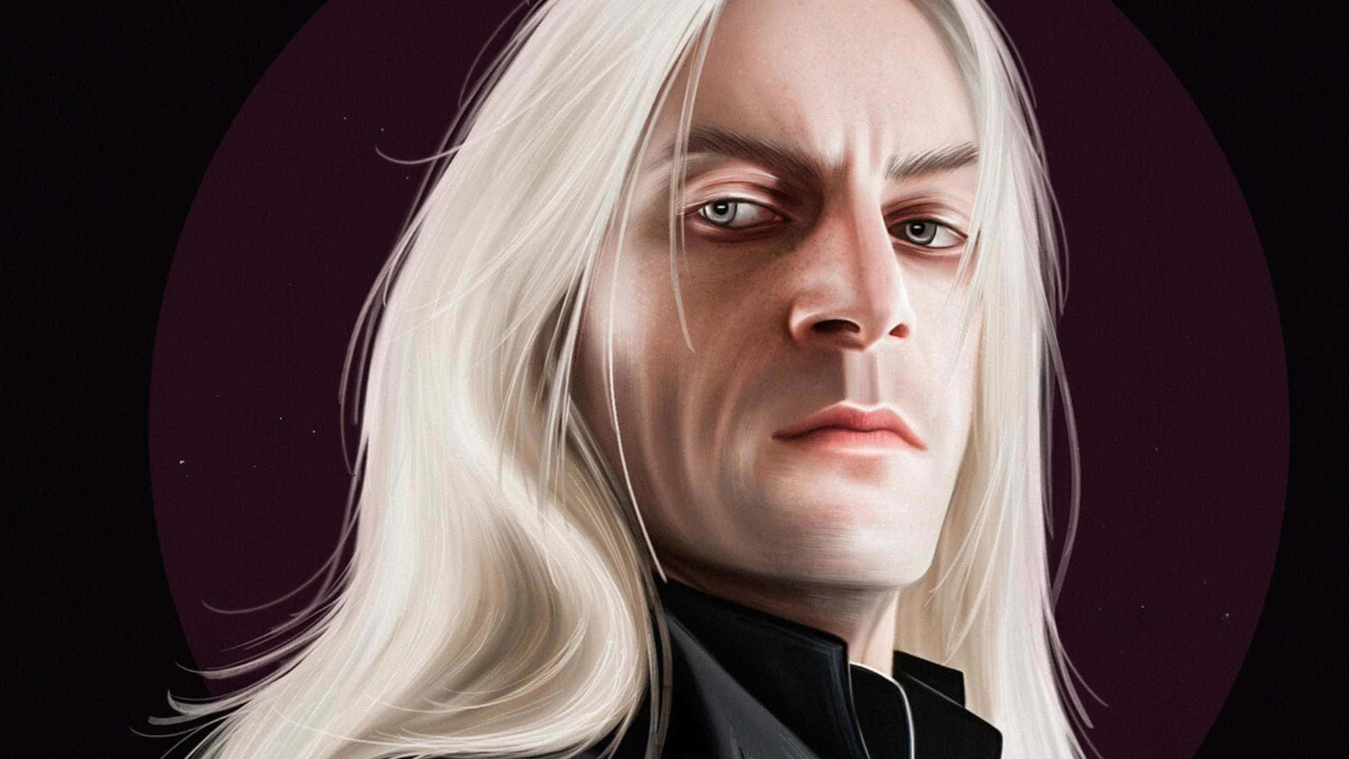  壁紙 — 一個數位渲染的肖像，描繪一位長白髮、擁有強烈綠色眼睛的男子，背景為深紫色圓形。