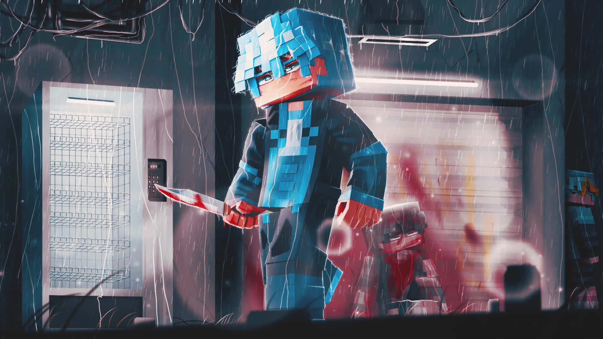  壁紙 — 一個像素化的Minecraft角色站在下雨的城市小巷中，手持一把刀，背後有霓虹燈閃爍。