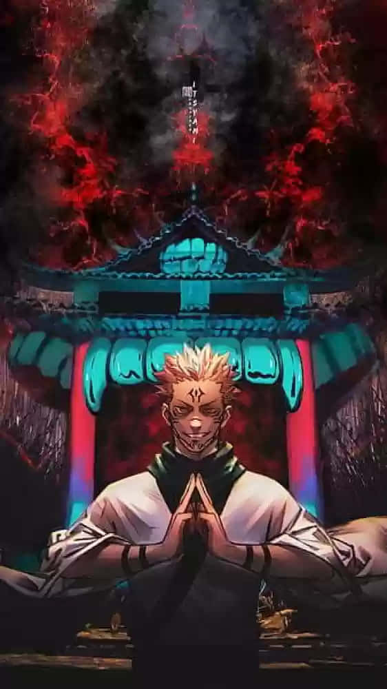  壁紙 — 一個頭髮豎起的動漫角色，在火紅的天空下，以祈禱姿勢站在發光的藍色神社前。