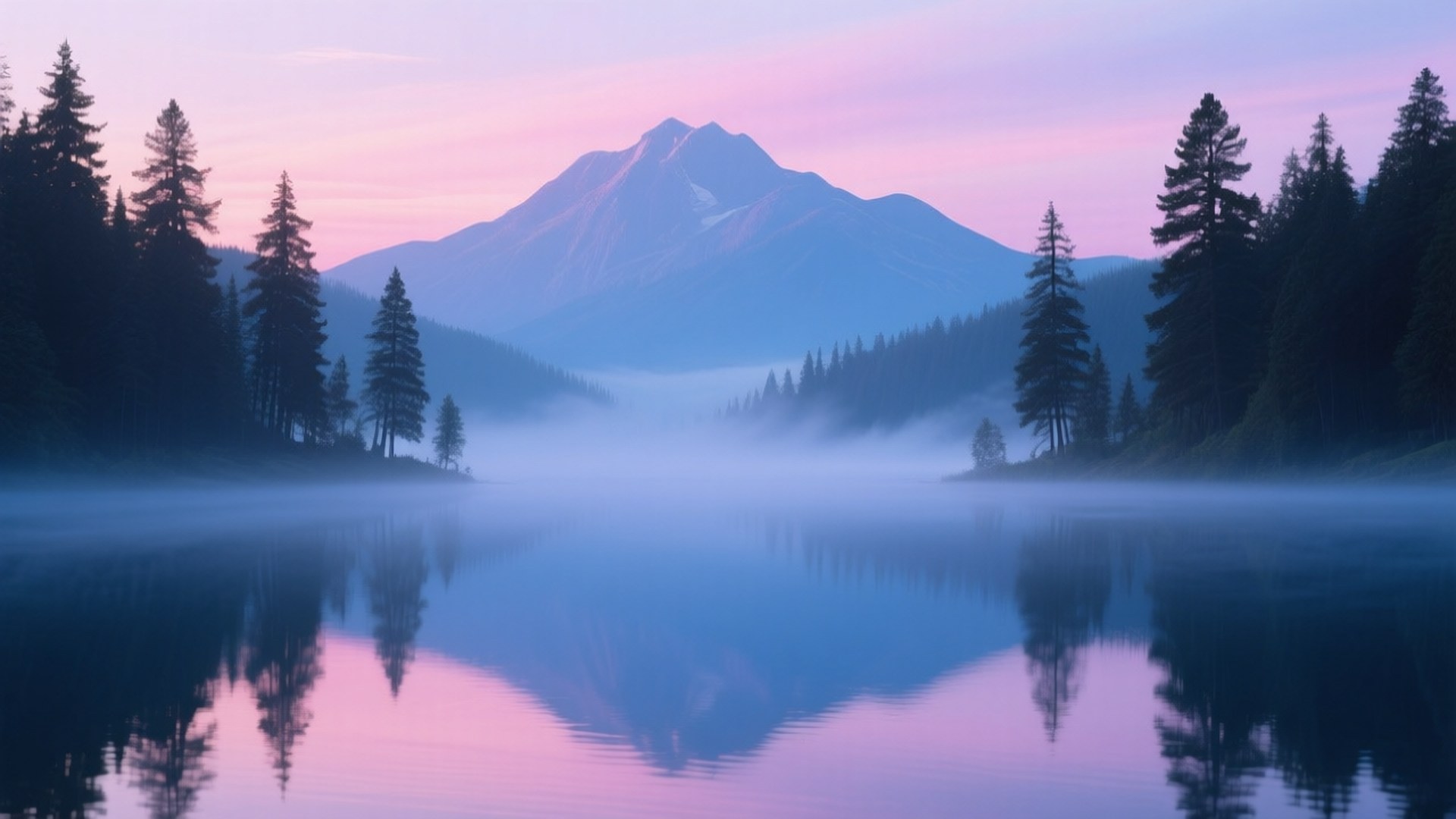 Periwinkle Mountain Lake 壁紙 — 一個霧氣瀰漫的湖泊倒映著粉紅色和紫色的天空，上方是白雪覆蓋的山峰，兩旁是深色的松樹。