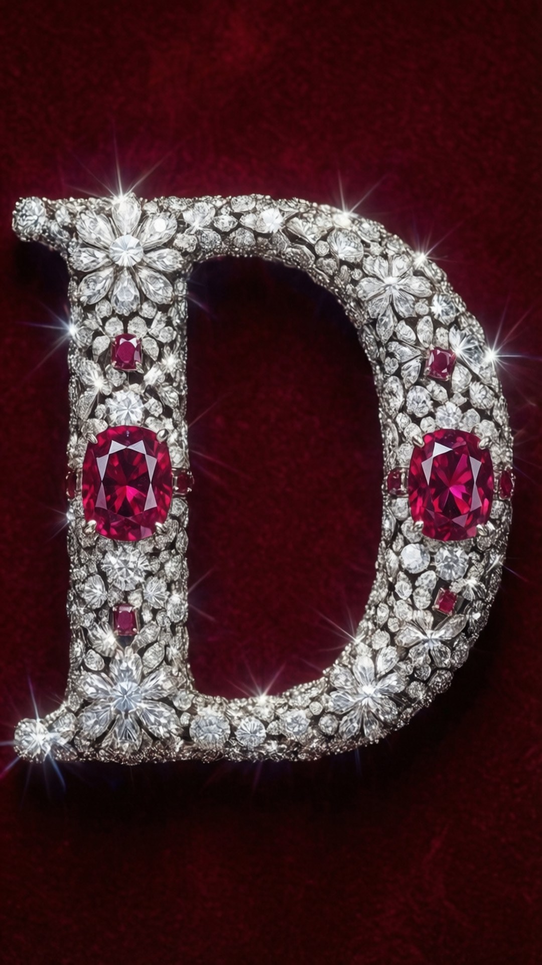 Jewelry D 壁紙 — 一個耀眼的珠寶字母D，飾有閃閃發光的鑽石和鮮豔的紅寶石，放置在豪華的深紅色天鵝絨背景上。