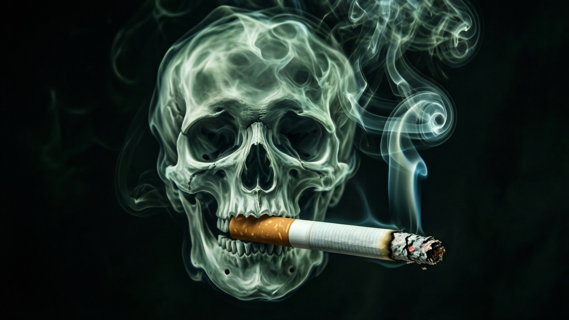 Smoke Skull 壁紙 — 一個由旋轉煙霧形成的詭異頭骨，在黑暗背景中叼著一根點燃的香煙。