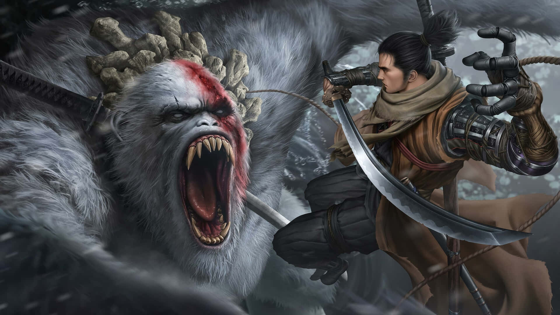  壁紙 — 一個擁有機械臂的武士戰士在黑暗風暴的環境中與一隻戴著尖刺皇冠的咆哮白色惡魔戰鬥。