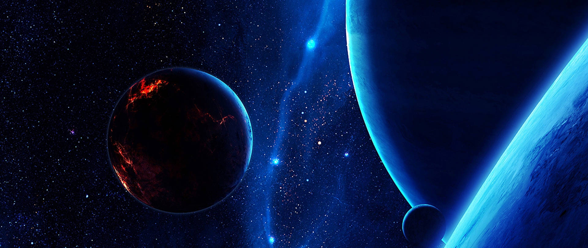 火紅色和發光的藍色行星漂浮在充滿星星的宇宙場景中，伴有星雲。 — 4K 超高清 壁紙