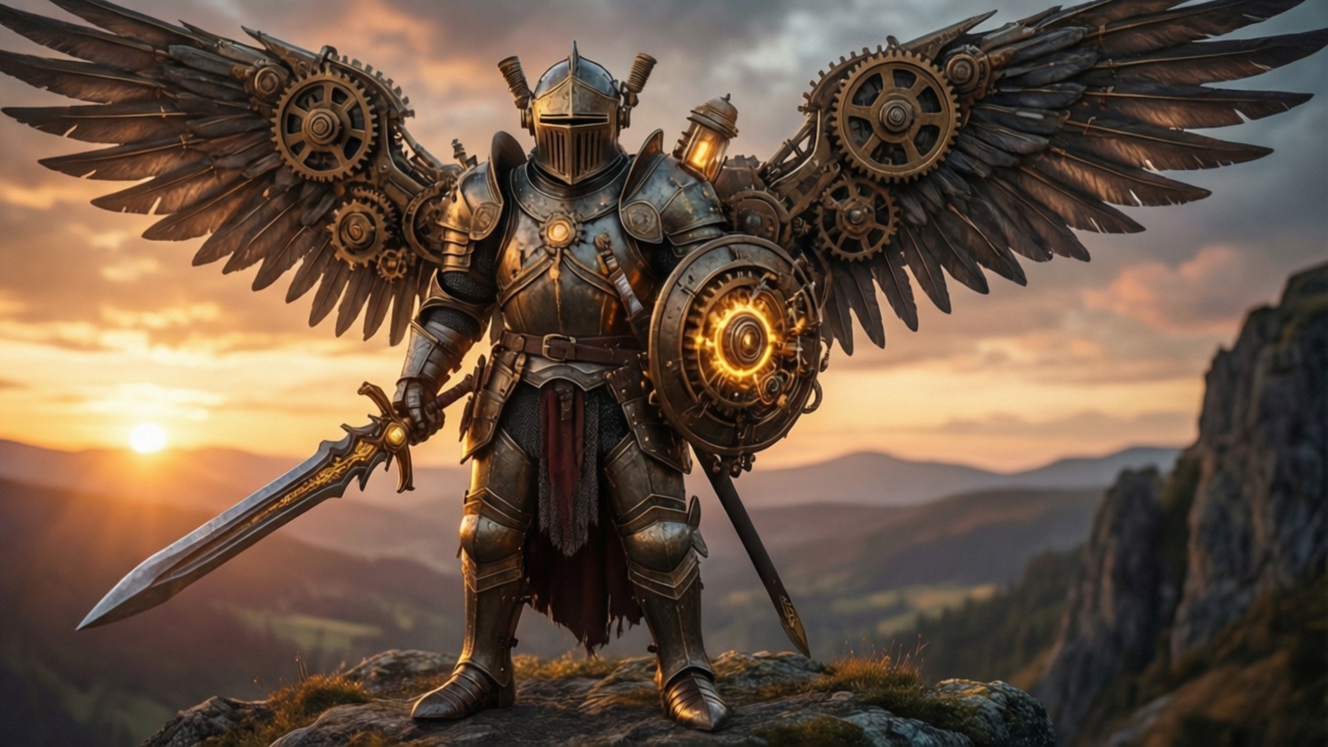 Steampunk Knight 壁紙 — 一個擁有機械翅膀和發光盾牌的蒸氣龐克騎士在日落時分站在懸崖頂上，手持劍。