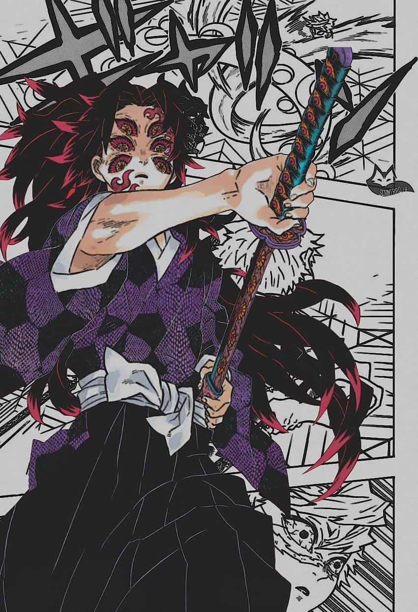  壁紙 — 一個擁有紅髮和惡魔印記的兇猛動漫戰士，在動態的黑白漫畫面板中揮舞著劍。