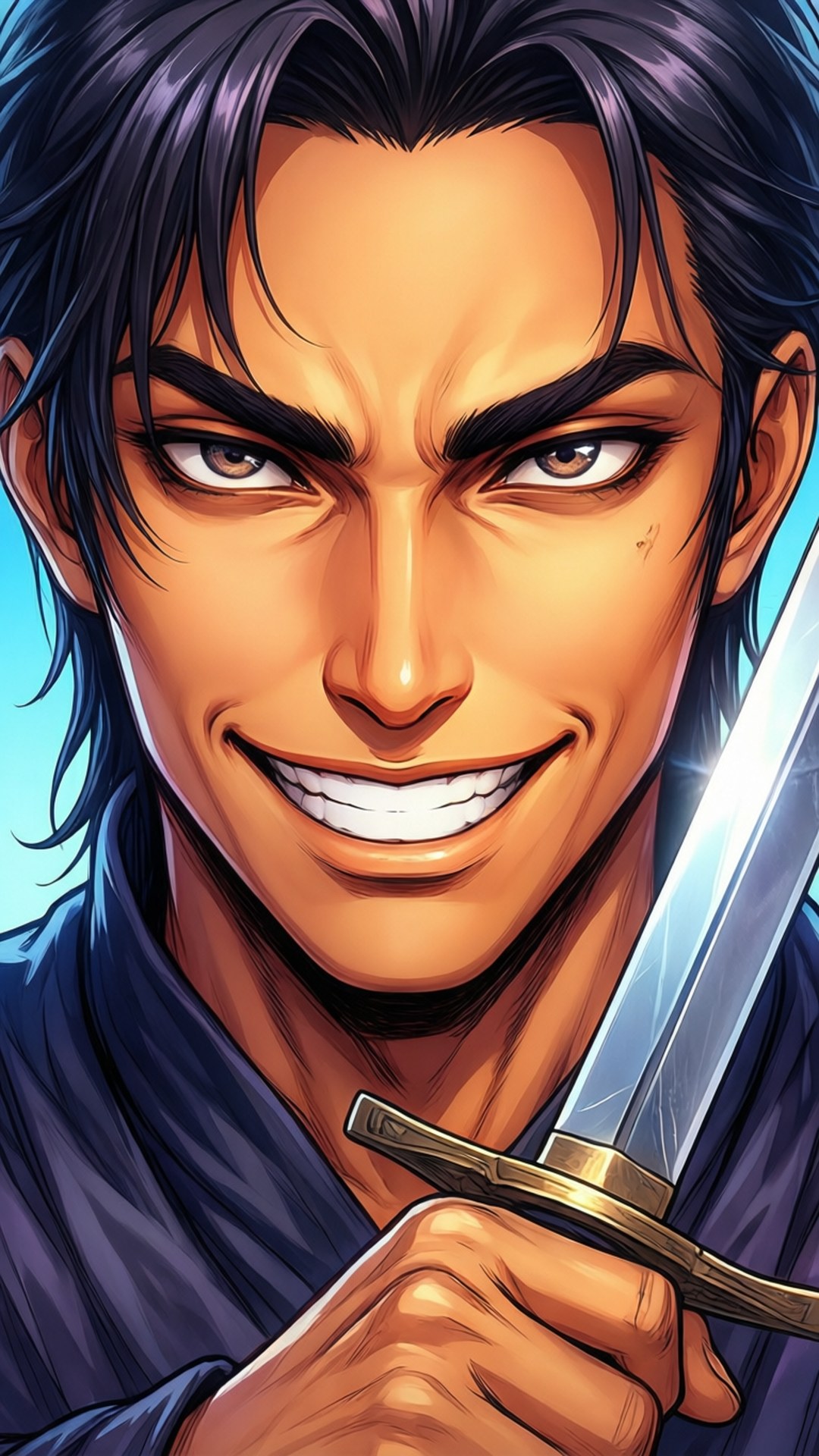 Bojji's Determination 壁紙 — 一個擁有深色頭髮和鋒利劍的兇猛動漫戰士，在明亮的藍天下猙獰地笑著。