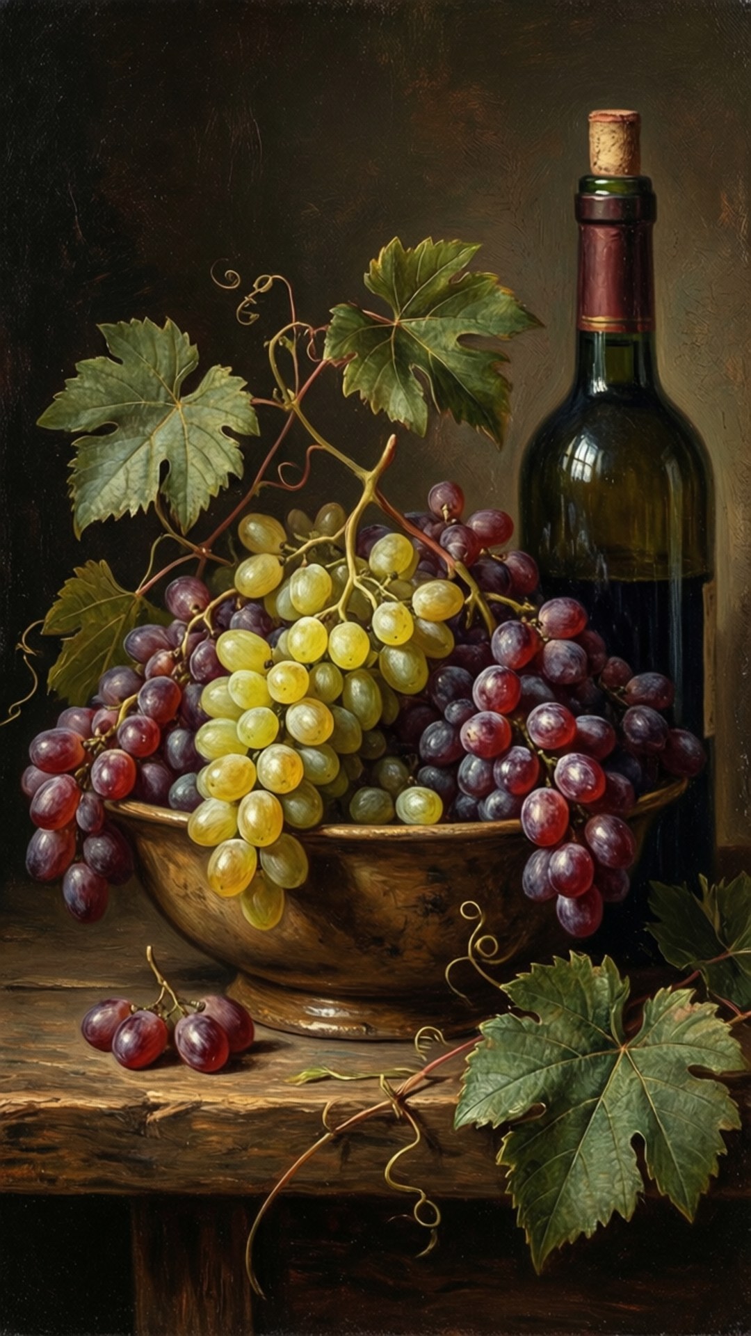 Old Master Grapes 壁紙 — 一個裝滿綠色和紫色葡萄的碗放在一個鄉村風格的木桌上，旁邊有一瓶葡萄酒。