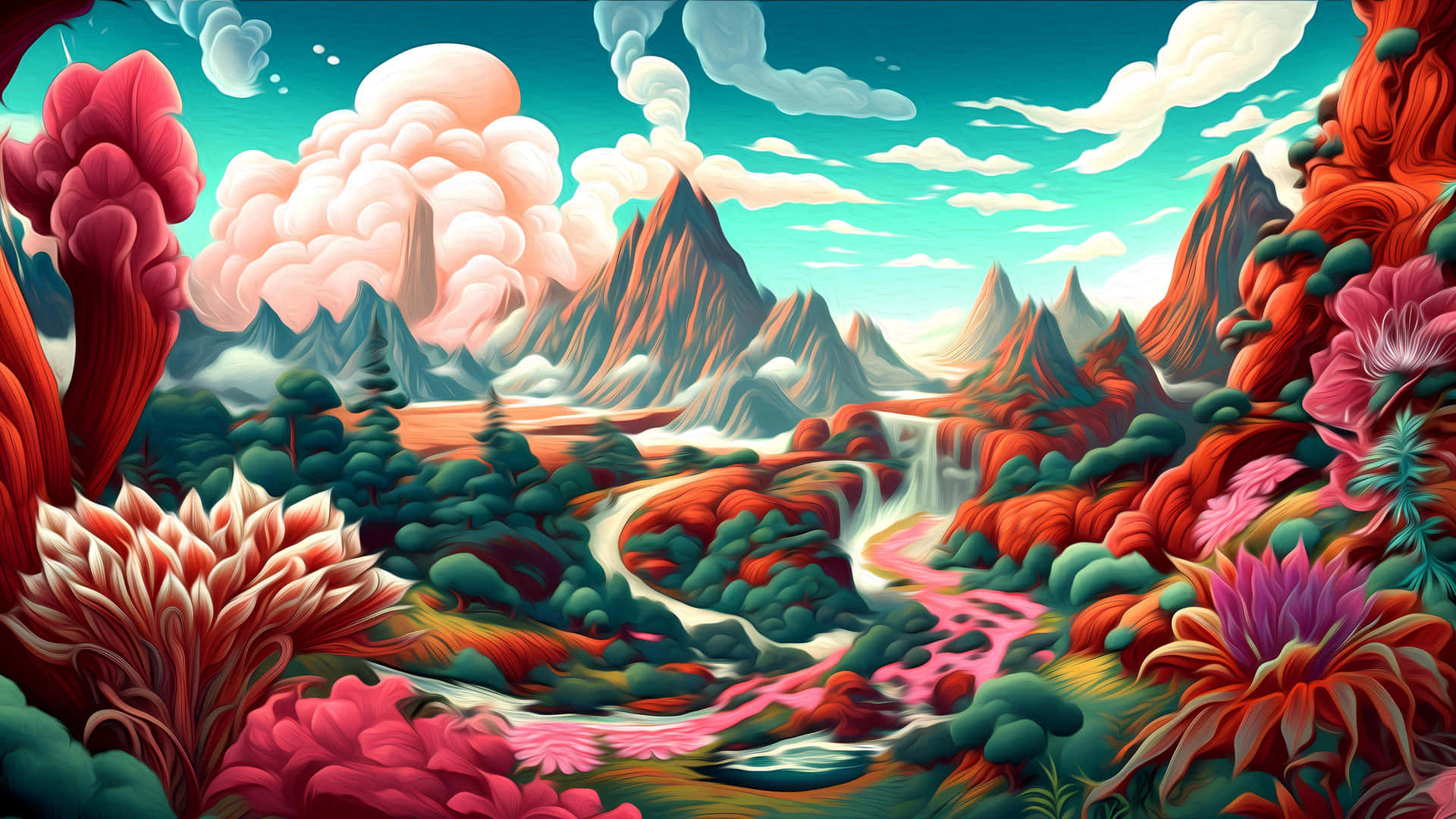  壁紙 — 一個超現實的奇幻景觀，充滿鮮豔的粉紅色和紅色植物、蜿蜒的河流和鋸齒狀的山脈，在青綠色的天空下飄著蓬鬆的雲朵。