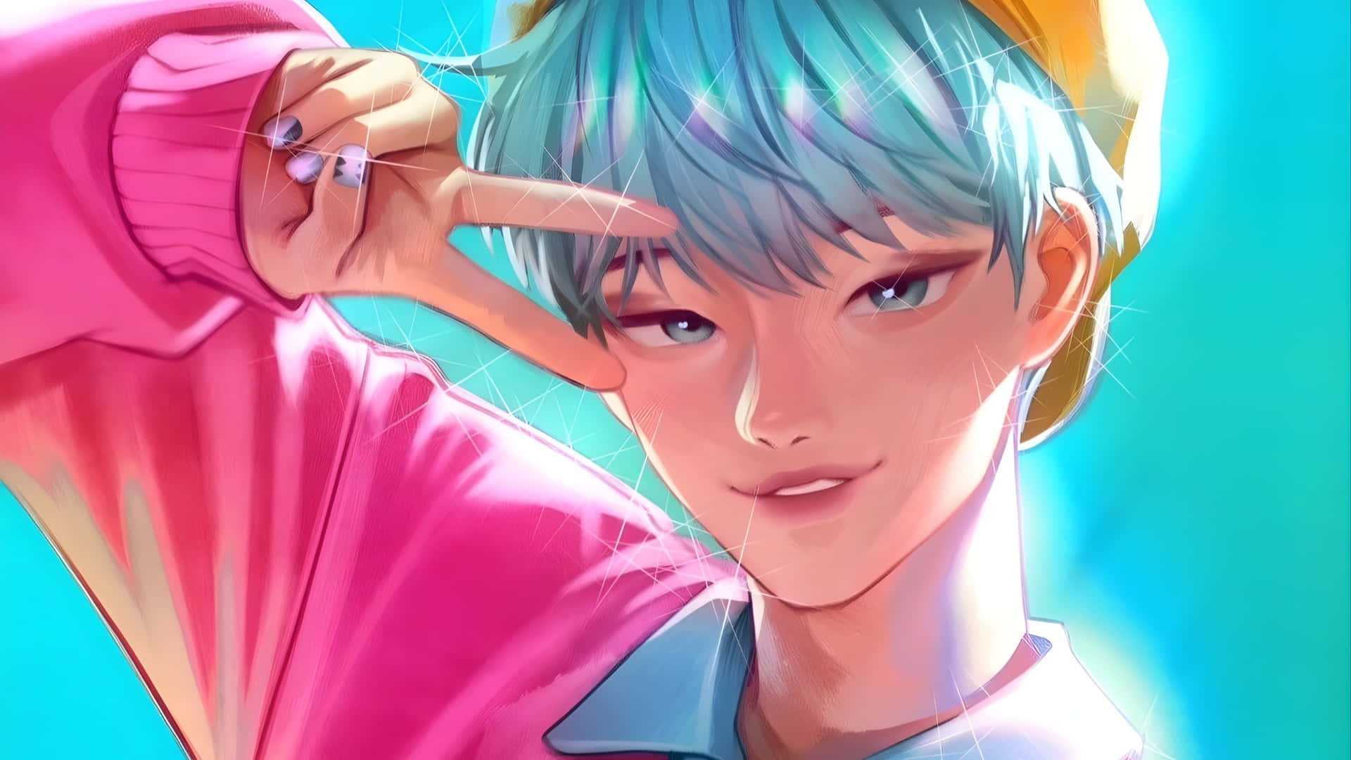 壁紙 — 一個充滿活力的動漫風格肖像，描繪一位藍髮年輕男子在發光的青色背景前比出和平手勢。