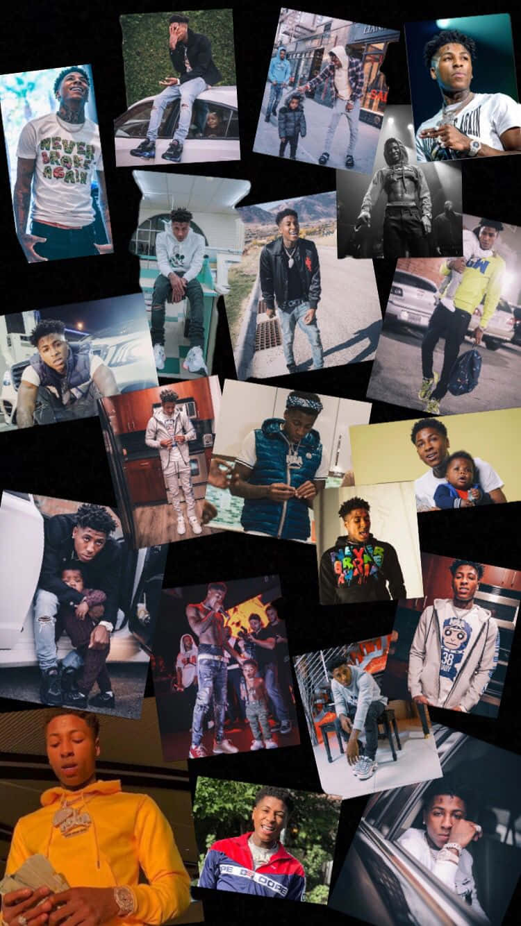 年輕男子穿著街頭服飾手持金錢在城市拼貼畫中擺姿勢。 — NBA Youngboy 壁紙