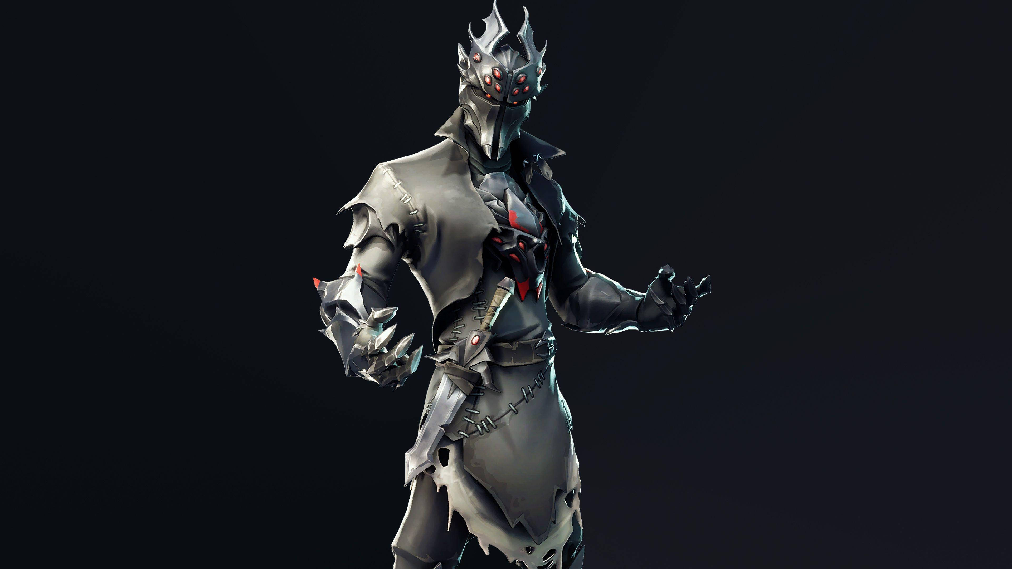 身穿暗色盔甲的遊戲角色，帶有發光紅眼和鋸齒王冠。 — Fortnite 壁紙