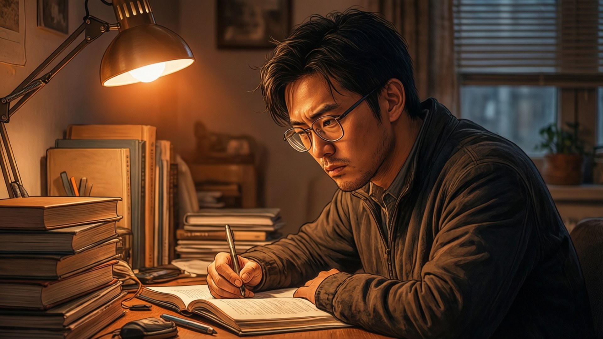 Studying Hard 壁紙 — 一個戴眼鏡的專注男人在書桌燈的溫暖光芒下，被書堆包圍，在筆記本上寫字。