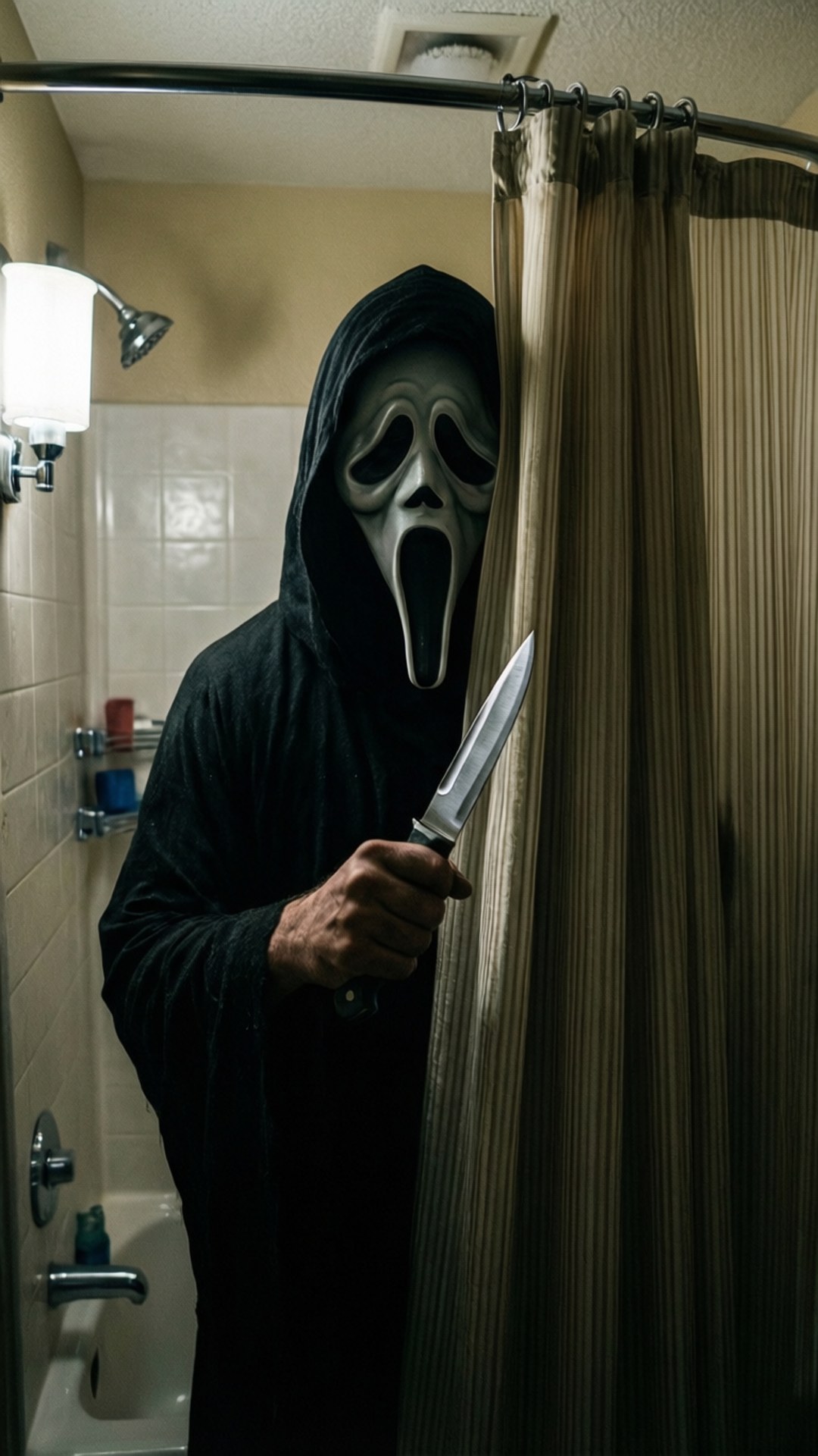 Ghostface Peek-A-Boo 壁紙 — 一個戴著白色鬼面具、身穿黑色長袍的人物，在瓷磚浴室中，站在米色浴簾後面拿著一把刀。