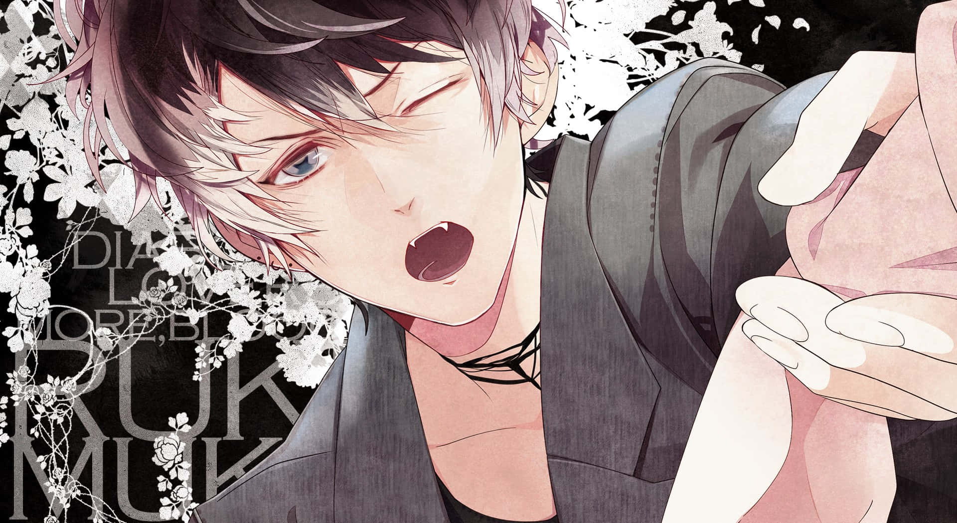  壁紙 — 一個驚訝的動漫男孩，灰色頭髮和藍色眼睛，被白色花朵包圍，背景是深色的。
