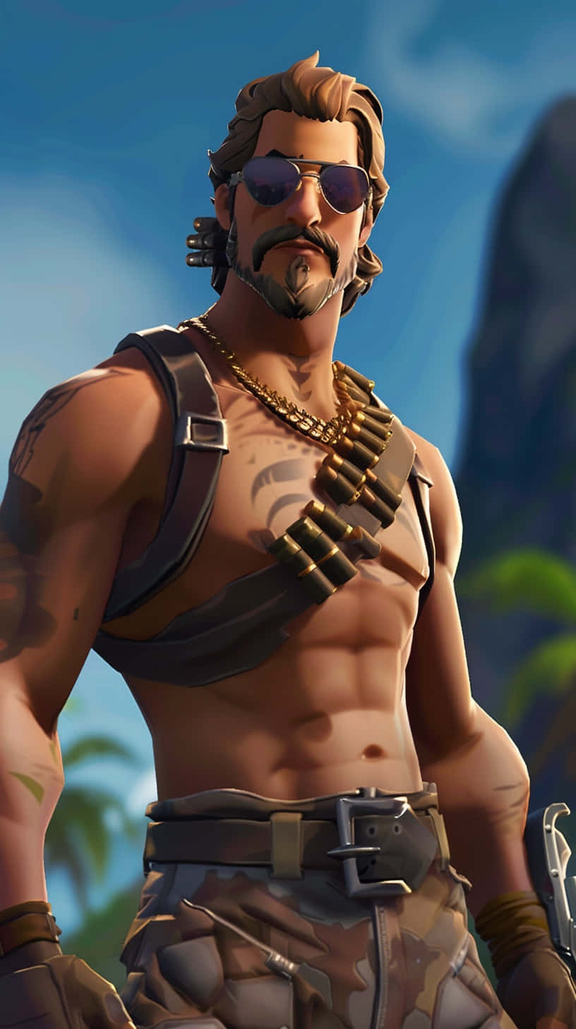  壁紙 — 一個肌肉發達的Fortnite角色，戴著太陽眼鏡和彈藥帶，在熱帶背景下自信地站立。