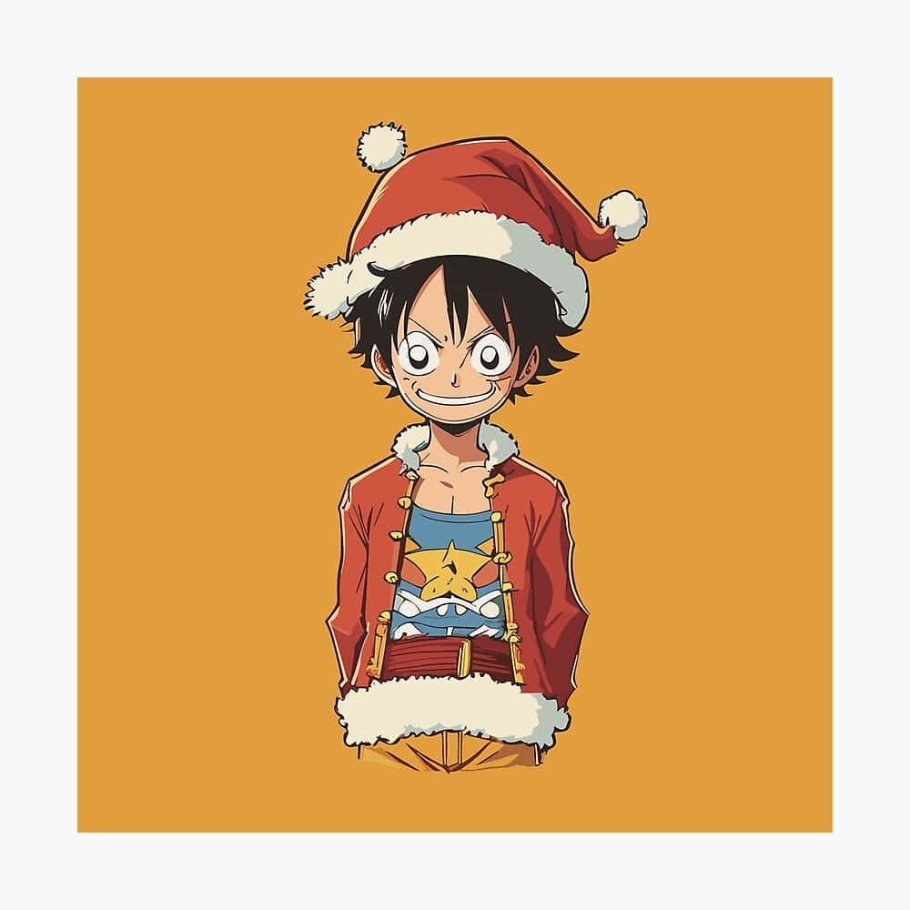  壁紙 — 一個開心的動畫男孩，黑頭髮，戴紅色聖誕帽，穿紅色節日外套，白色邊飾，背景是純橙色。