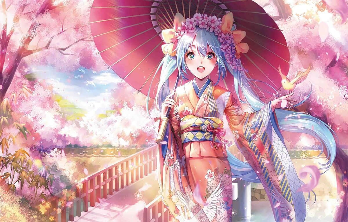  壁紙 — 一個開心的動畫女孩穿著花卉和服，在盛開的櫻花樹下拿著紅色陽傘，柔軟的粉紅色花瓣在她周圍飄浮。