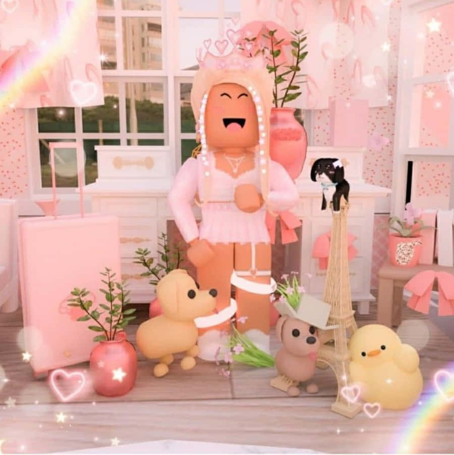 一個Roblox角色穿著粉紅色公主裙，被毛絨玩具和閃光環繞。 — Roblox 壁紙