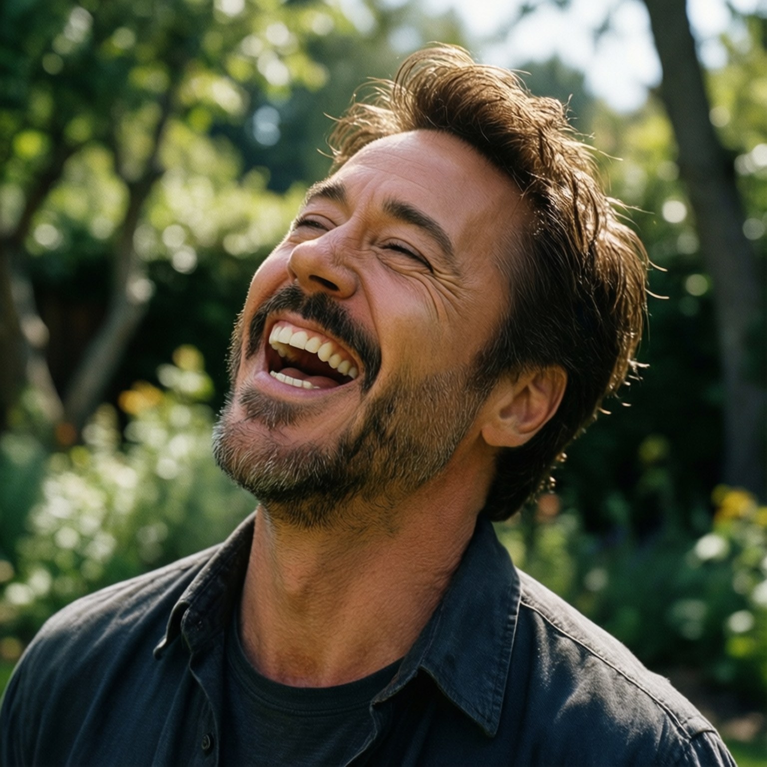 Joyful Laugh 壁紙 — 一個留鬍子的男人在明亮的陽光下在戶外開懷大笑，背景有模糊的綠色樹葉。
