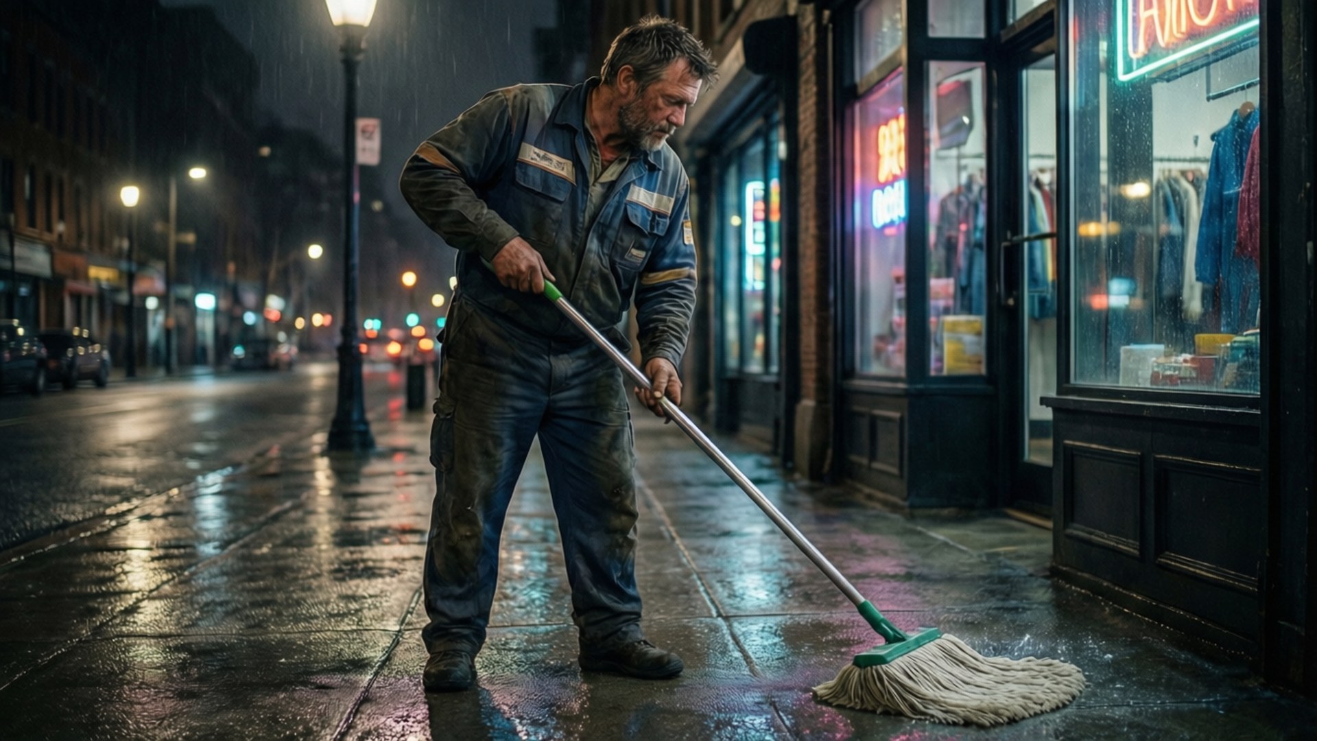 Sawyer The Cleaner 桌布 壁紙 — 一個疲憊的清潔工在夜晚閃爍的霓虹商店櫥窗下拖著被雨水打濕的城市人行道。