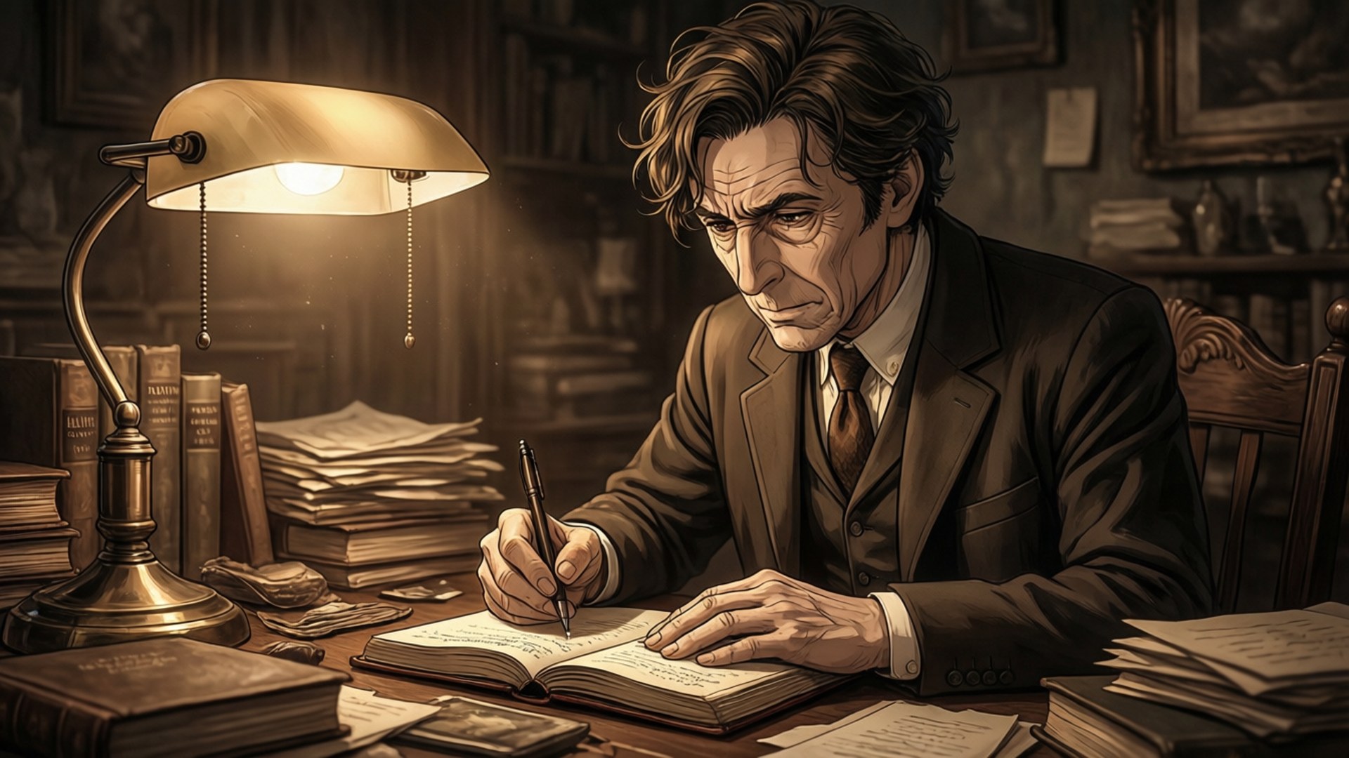 Watson's Journal 壁紙 — 一個疲憊的西裝男子在復古桌燈的溫暖光芒下，被成堆的書籍和文件包圍，正在寫帳簿。