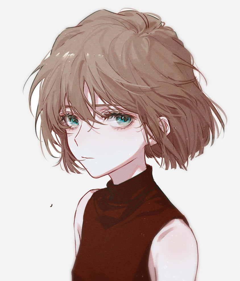 Haibara AI 桌布 壁紙 — 一個柔和動漫風格的肖像，描繪一個有亂糟糟棕色頭髮和搶眼藍色眼睛的年輕人，穿著深棕色無袖上衣。
