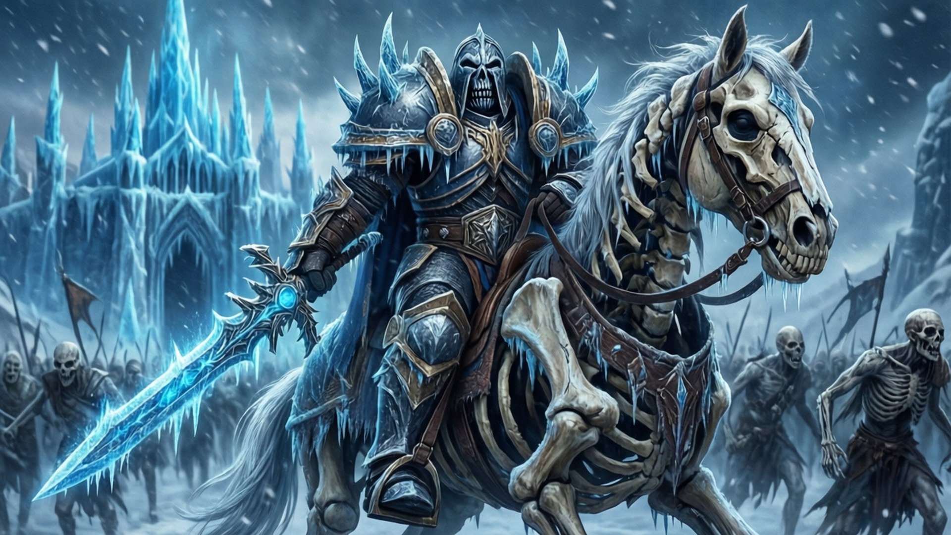 Death Knight's March 壁紙 — 一個身穿冰甲的骷髏騎士騎著骨馬，揮舞著發光的藍色劍，穿過暴風雪向冰封的城堡前進。