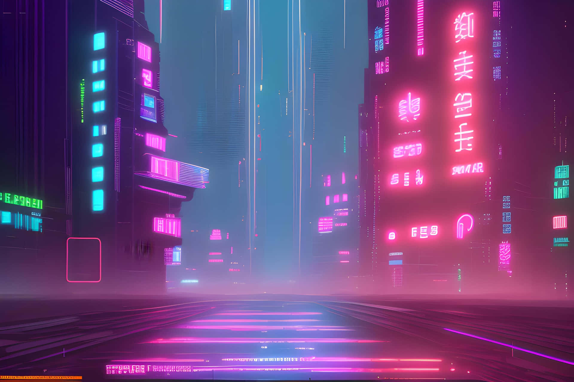  壁紙 — 一個充滿霓虹燈的賽博龐克城市夜景，高聳的摩天大樓閃爍著粉紅色和藍綠色的色調。