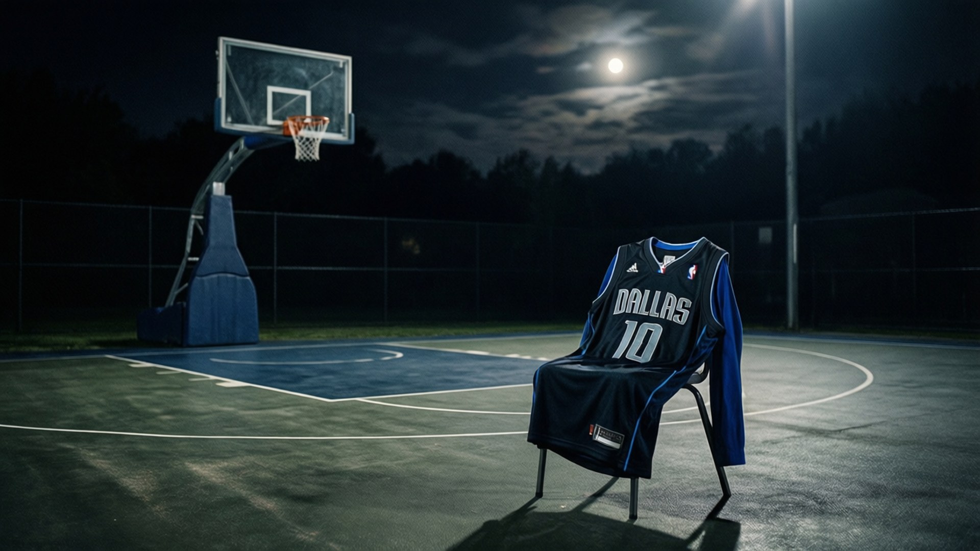 Moonlit Court Jersey 壁紙 — 一件達拉斯獨行俠10號球衣掛在月光下的空置戶外籃球場的椅子上。